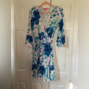 Lilly Pulitzer Misha Wrap Dress Pink Tropics Sweet Pea Blue Floral Bell